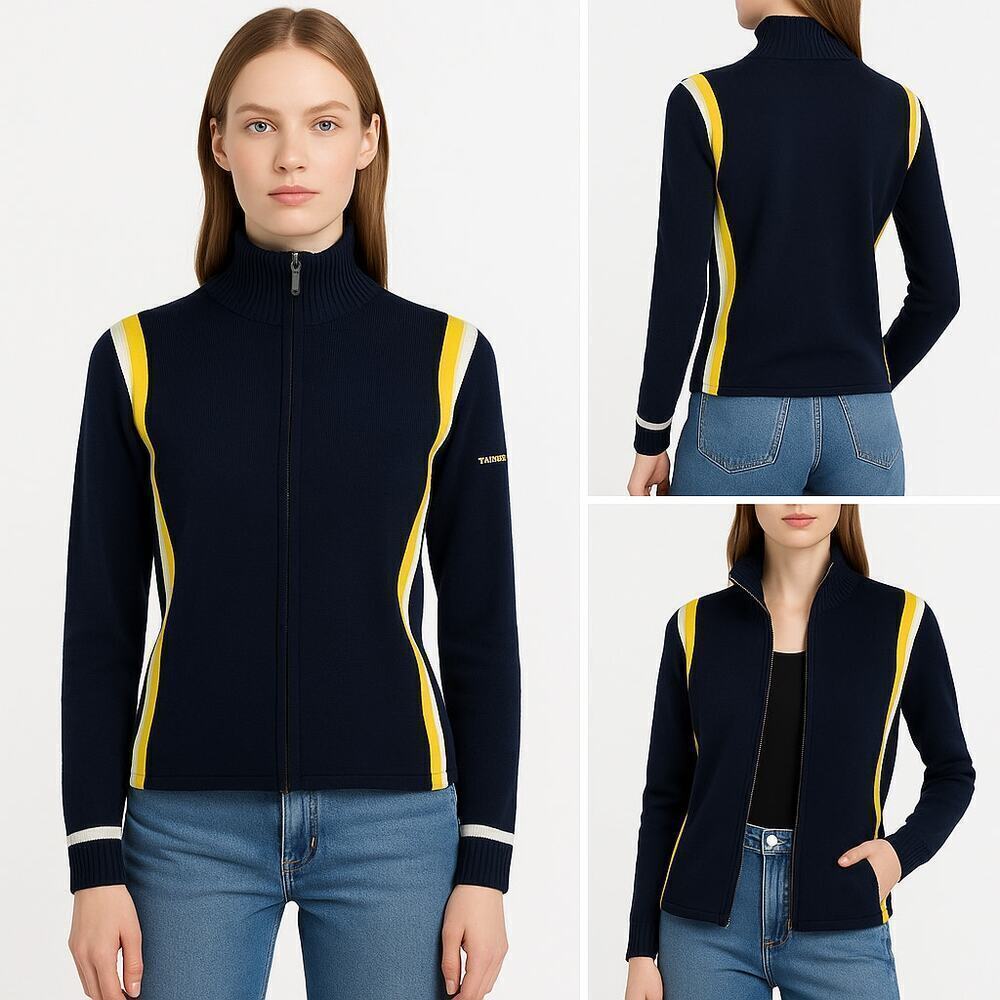 VTG Burberry Golf Italy Knit Track Jacket Navy Yellow Stripe Y2K Sportcore S